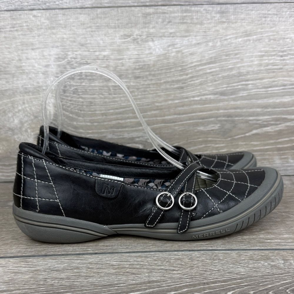 Merrell Zodiac Women's Sz 8 Black Leather Cris-Cross Strap Buckle Mary Jane Flat